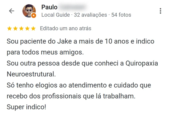 Avaliação de paciente que se trata com o Dr. Jake Hollowell há mais de dez anos e indica a Quiropraxia Neuroestrutural aos amigos, em clínica de quiropraxia em Florianópolis