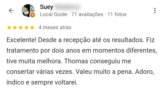 Avaliação de paciente que fez tratamento por dois anos com o Dr. Thomas, relatando muita melhora, em clínica de quiropraxia em Florianópolis