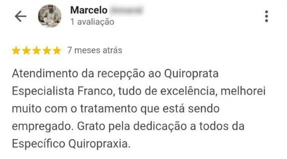 Avaliação de paciente destacando atendimento de excelência desde a recepção até o tratamento realizado pelo Dr. Franco em clínica de quiropraxia em Florianópolis