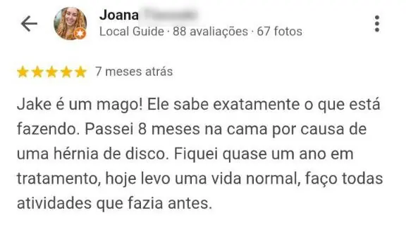 Avaliação de paciente relatando recuperação após hérnia de disco e retorno às atividades normais após tratamento com quiropraxia em Floripa