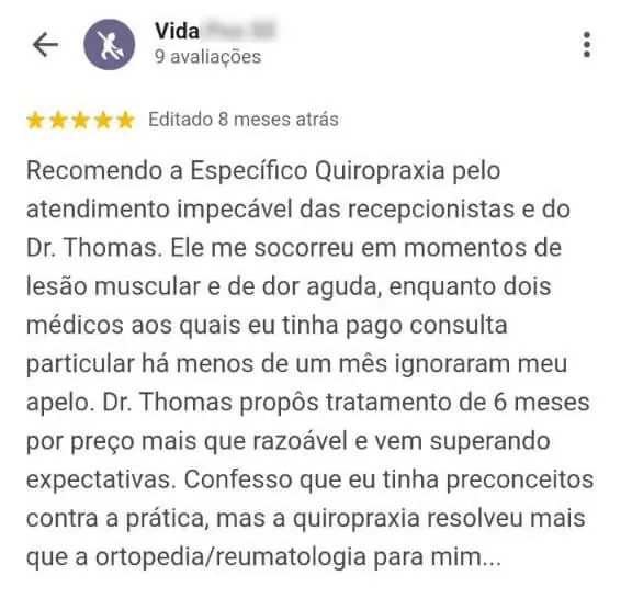 Avaliação de paciente recomendando a clínica pelo atendimento das recepcionistas e pelo tratamento realizado pelo Dr. Thomas em casos de dor aguda e lesão muscular em Florianópolis