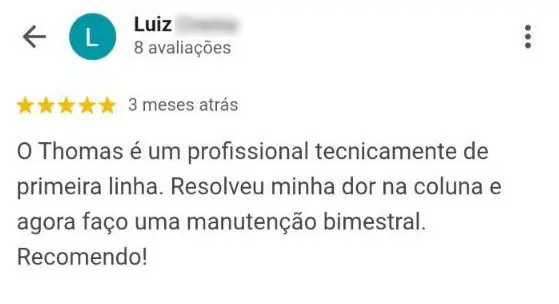 Avaliação de paciente destacando resolução da dor na coluna e manutenção bimestral em tratamento de quiropraxia em Florianópolis