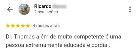Avaliação de paciente elogiando a competência e cordialidade do profissional da Específico Quiropraxia em Florianópolis