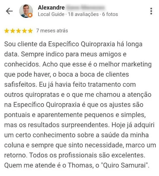 Avaliação de paciente de longa data destacando ajustes precisos, resultados surpreendentes e recomendação boca a boca em clínica de quiropraxia em Floripa