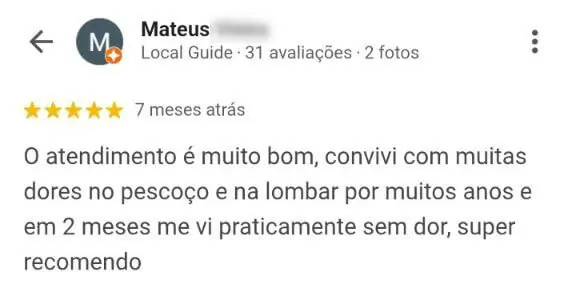 Avaliação de paciente relatando melhora significativa das dores no pescoço e na lombar após dois meses de tratamento em clínica de quiropraxia em Floripa