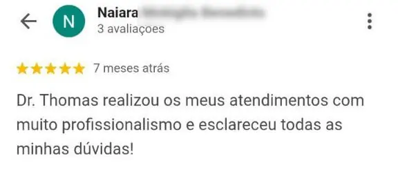 Avaliação de paciente destacando profissionalismo do Dr. Thomas e clareza no esclarecimento de dúvidas durante o atendimento em clínica de quiropraxia em Florianópolis