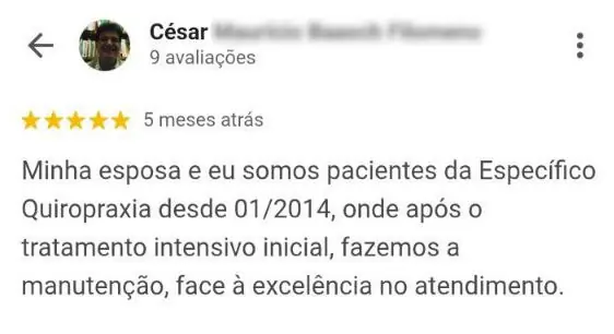 Avaliação de casal relatando acompanhamento desde 2014, fase de manutenção após tratamento inicial e excelência no atendimento em clínica de quiropraxia em Santa Mônica, Floripa