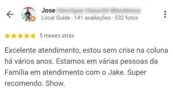 Avaliação de paciente relatando anos sem crises na coluna e atendimento para vários membros da família em clínica de quiropraxia em Floripa