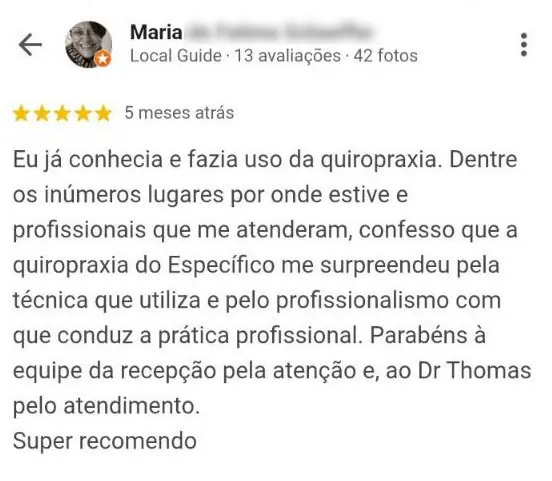 Avaliação de paciente destacando técnica utilizada, alto profissionalismo e qualidade no atendimento da equipe em clínica de quiropraxia em Floripa