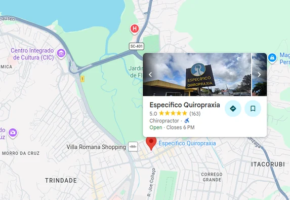 Mapa com a localização da Específico Quiropraxia em Florianópolis, entre Trindade e Itacorubi